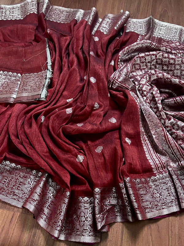 Wine Color Bengal Linen Handwoven Saree with Sliver Zari Weave