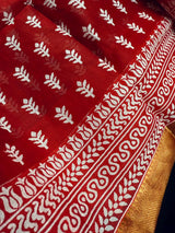 Red Color Pure Cotton Saree with Hand Block Prints | Zari Borders | Pure Cotton Sarees