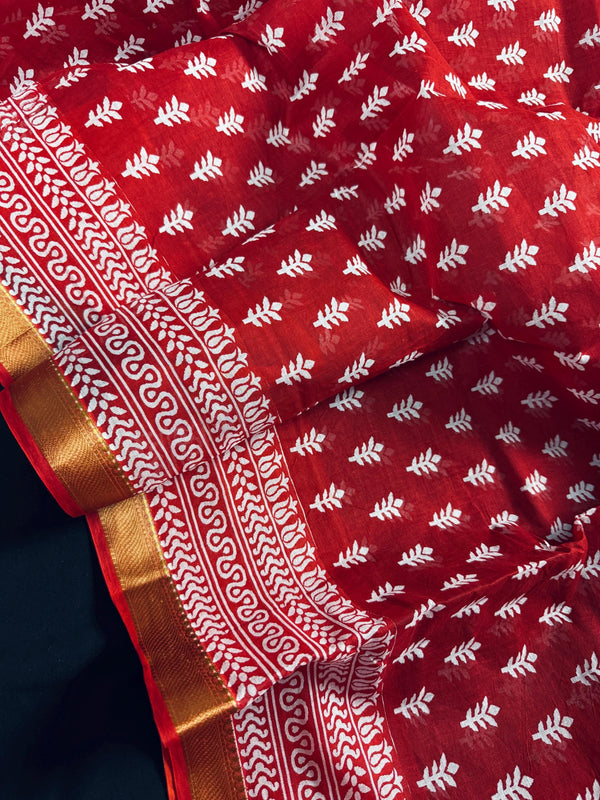 Red Color Pure Cotton Saree with Hand Block Prints | Zari Borders | Pure Cotton Sarees