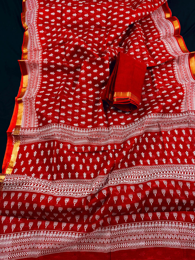 Red Color Pure Cotton Saree with Hand Block Prints | Zari Borders | Pure Cotton Sarees