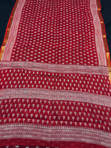 Red Color Pure Cotton Saree with Hand Block Prints | Zari Borders | Pure Cotton Sarees