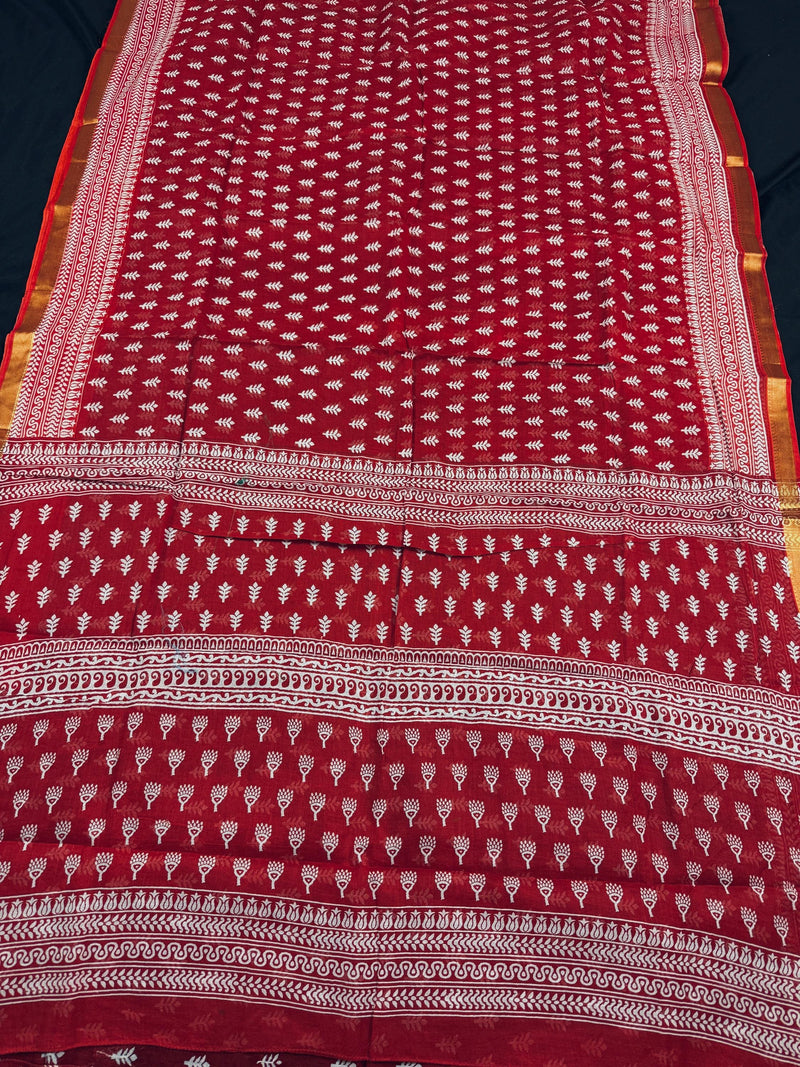 Red Color Pure Cotton Saree with Hand Block Prints | Zari Borders | Pure Cotton Sarees