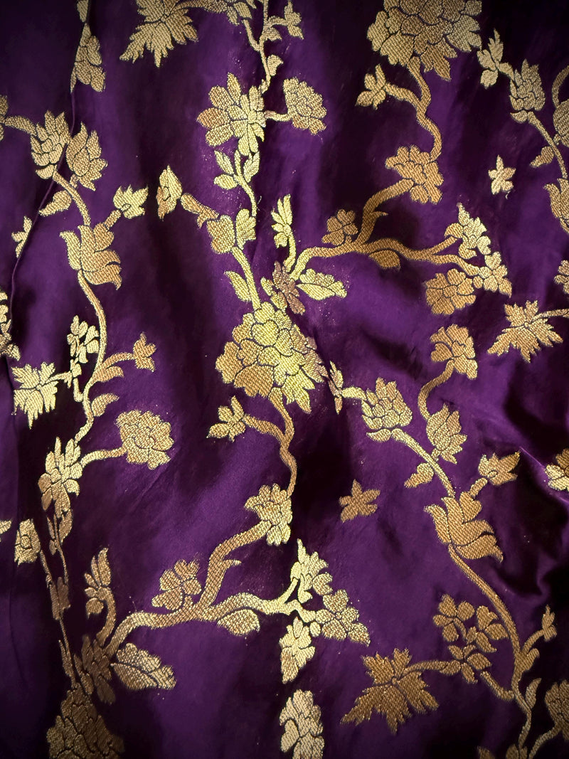 Statement Eggplant Purple Color Pure Banarasi Satin Crepe Silk Saree with Gold Zari Jaal Weaved