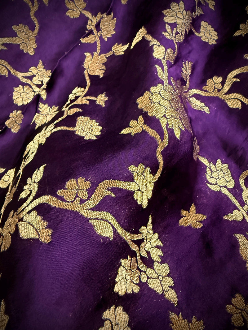 Statement Eggplant Purple Color Pure Banarasi Satin Crepe Silk Saree with Gold Zari Jaal Weaved