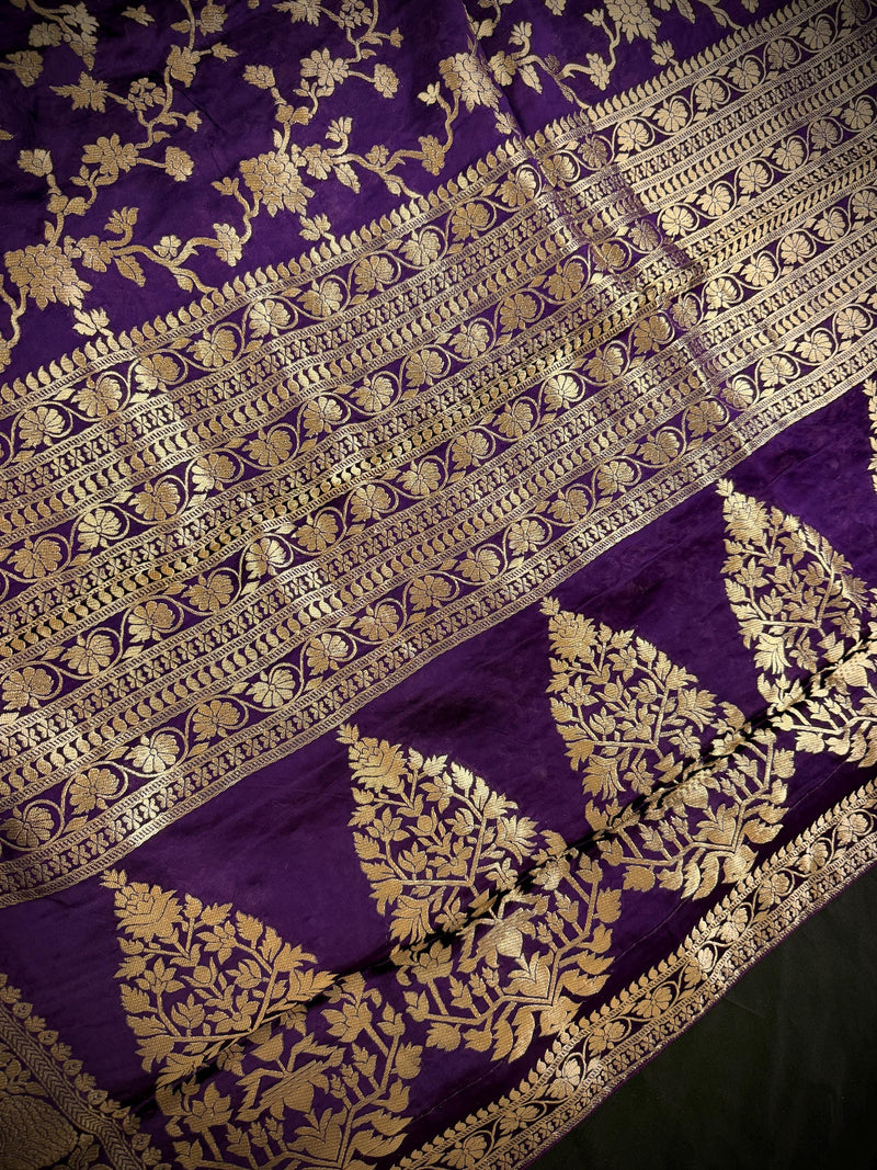 Statement Eggplant Purple Color Pure Banarasi Satin Crepe Silk Saree with Gold Zari Jaal Weaved