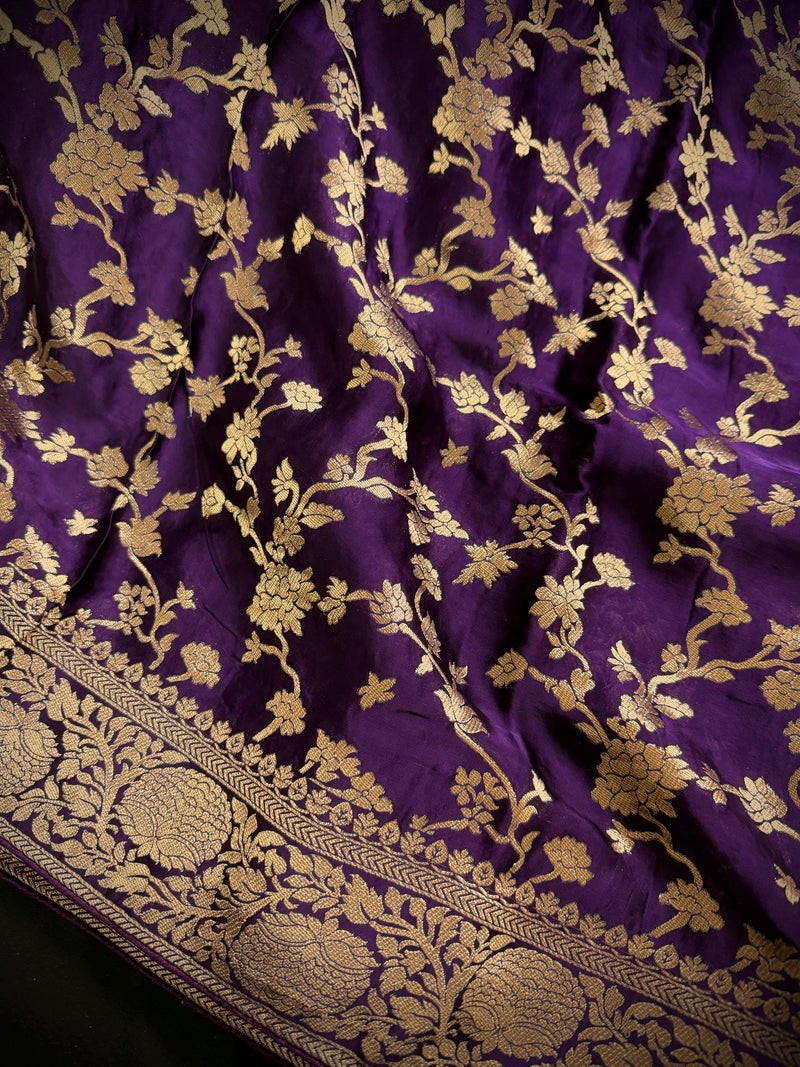 Statement Eggplant Purple Color Pure Banarasi Satin Crepe Silk Saree with Gold Zari Jaal Weaved