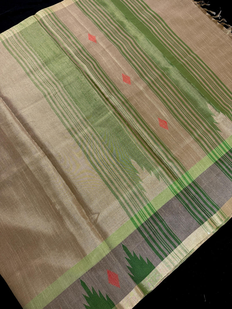 Handwoven Statement Greenish Gold Pure Tussar Tissue Saree with Temple Border | Ships from California