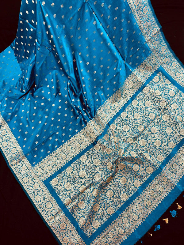 Handmade Teal Color Soft Silk Saree - Muted Gold Resham Zari Weave  - Brocade Blouse - Light Weight Easy Drape Saree - Gift For Her