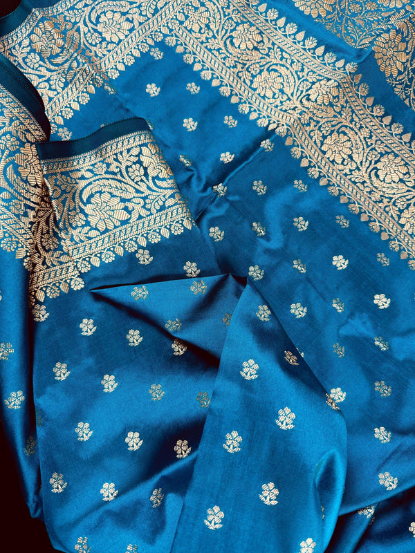 Handmade Teal Color Soft Silk Saree - Muted Gold Resham Zari Weave  - Brocade Blouse - Light Weight Easy Drape Saree - Gift For Her