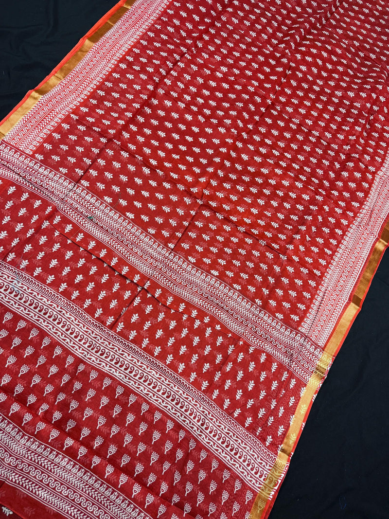 Red Color Pure Cotton Saree with Hand Block Prints | Zari Borders | Pure Cotton Sarees