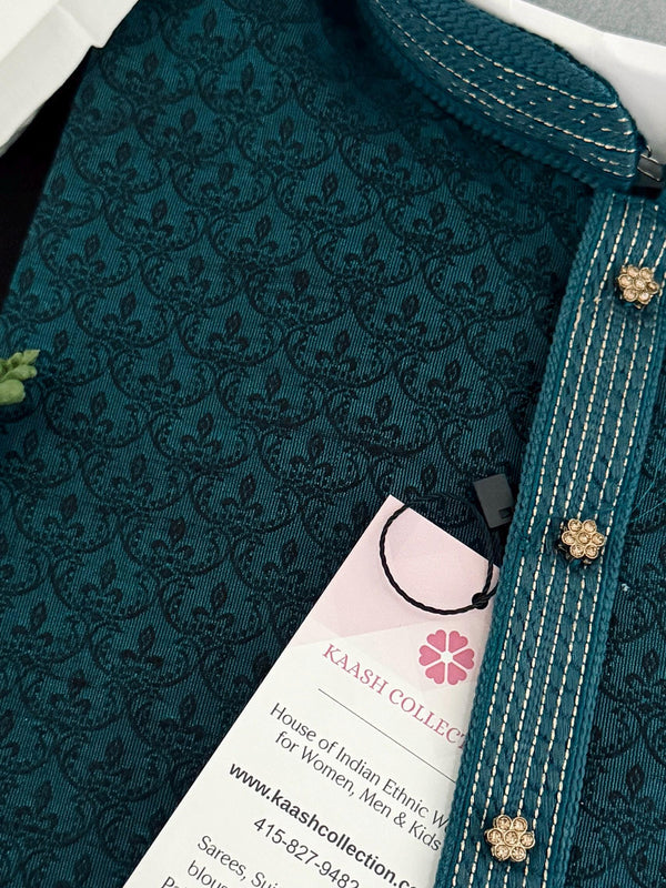 Teal Floral Embroidered Kurta Pajama for Men | Raw Silk Indian Wedding Outfit | Groomsmen Kurta | Ethnic Wear for Men