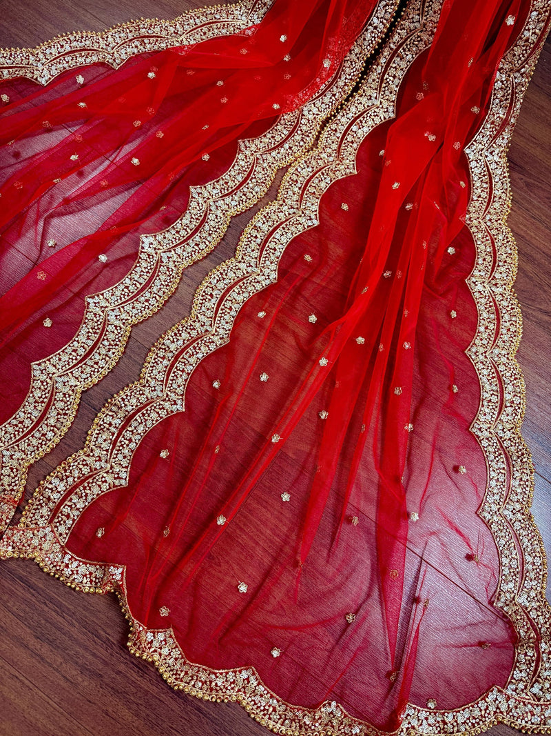 Red Color Net Dupatta with Zari, Sequin and Beads | Red Color Dupatta | Sequin Red Dupatta | Sequin Dupattas | Indian Dupatta for Lehangas