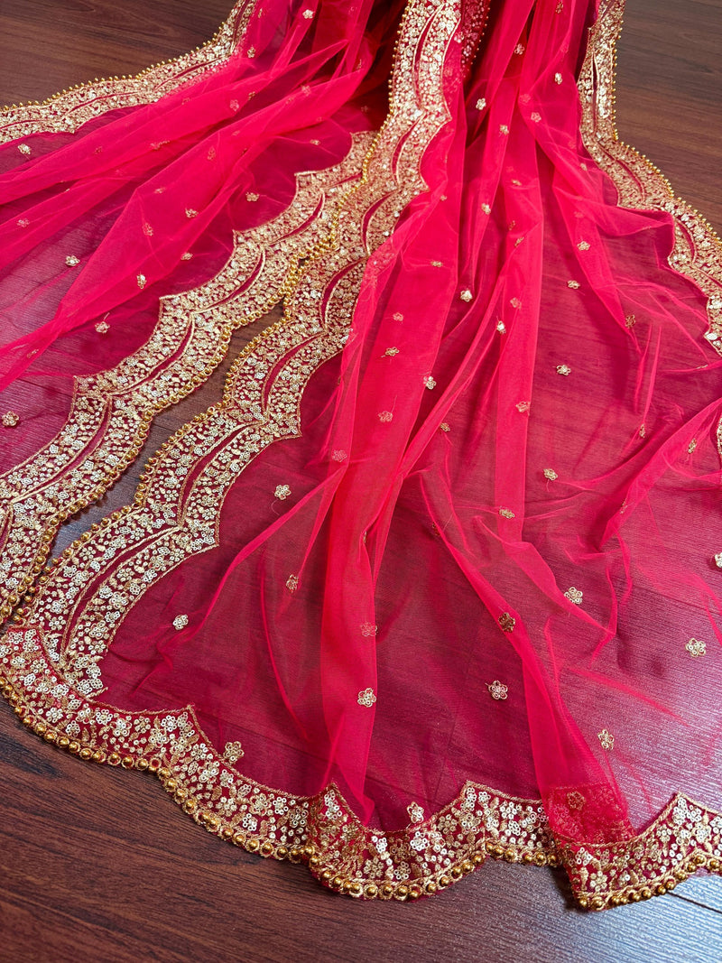 Hot Pink Color Net Dupatta with Zari, Sequin and Beads | Pink Color Dupatta | Sequin Dupatta | Sequin Dupattas | Indian Dupatta for Lehanga