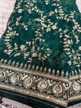 Statement Green Color Organza Silk Dupatta with Muted Gold Zari, Embroidery and Sequin | Wedding Dupatta | Dupatta for Lehangas | Gift Ideas