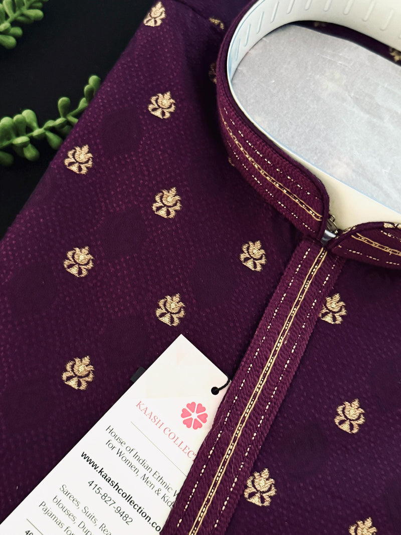 Eggplant Purple Color Men Kurta | Embossed Embroidery and Zari Butti | Sherwani Style Kurta | Indian Wedding Kurta