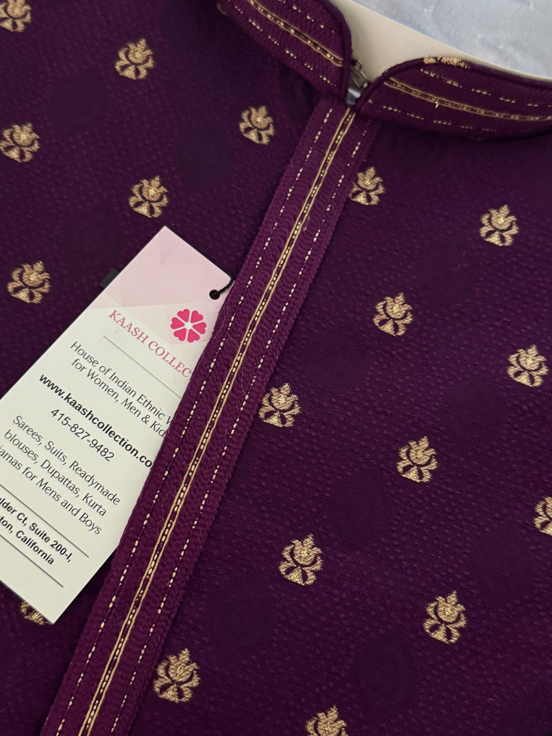 Eggplant Purple Color Men Kurta | Embossed Embroidery and Zari Butti | Sherwani Style Kurta | Indian Wedding Kurta