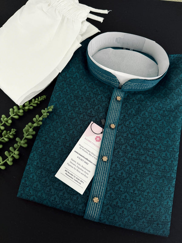 Teal Floral Embroidered Kurta Pajama for Men | Raw Silk Indian Wedding Outfit | Groomsmen Kurta | Ethnic Wear for Men