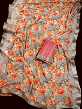Floral Light Weight Chiffon Saree in Pastel Gray with Multi-Color Floral design with Lace work on the border and Pallu