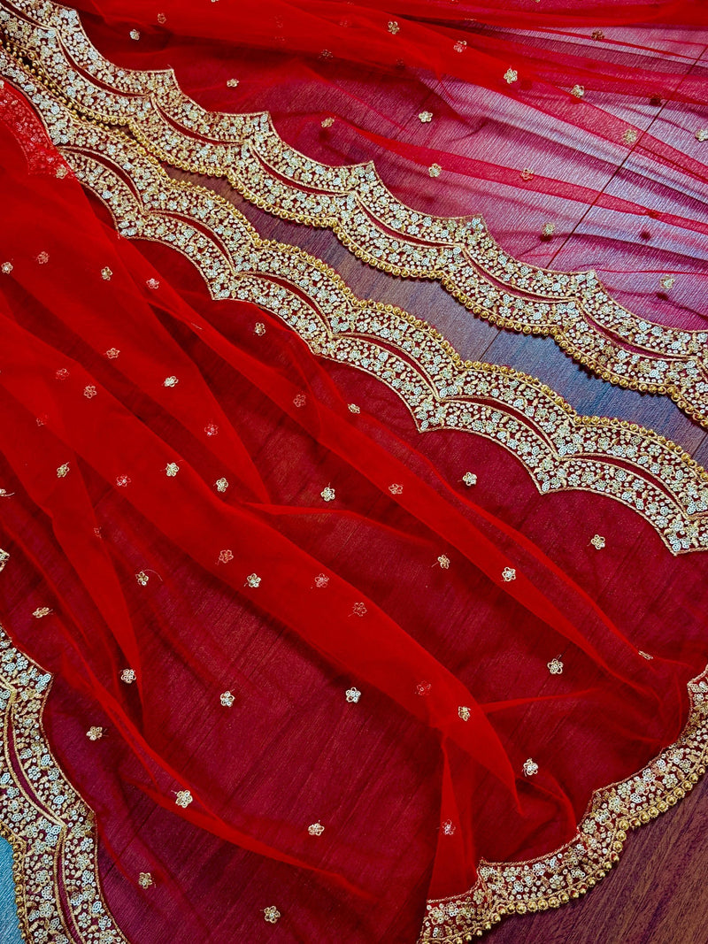 Red Color Net Dupatta with Gold Zari, Sequin and Beads | Red Color Dupatta | Sequin Red Dupatta | Indian Dupatta for Lehangas