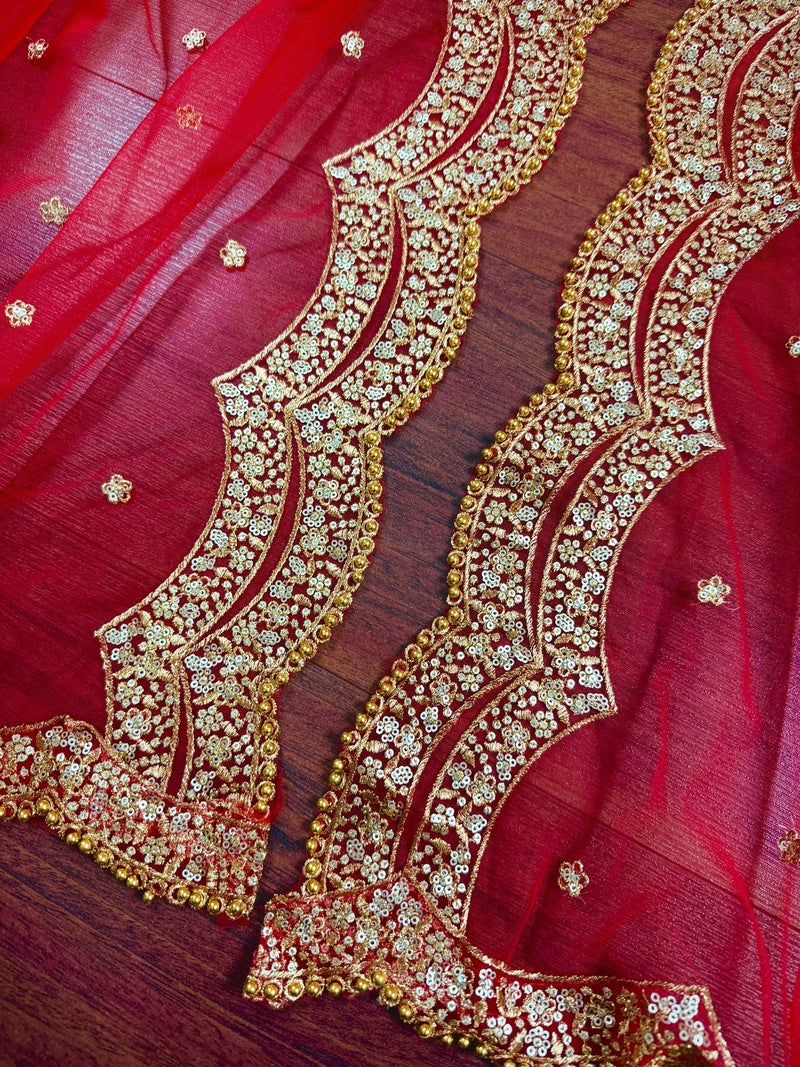 Red Color Net Dupatta with Gold Zari, Sequin and Beads | Red Color Dupatta | Sequin Red Dupatta | Indian Dupatta for Lehangas