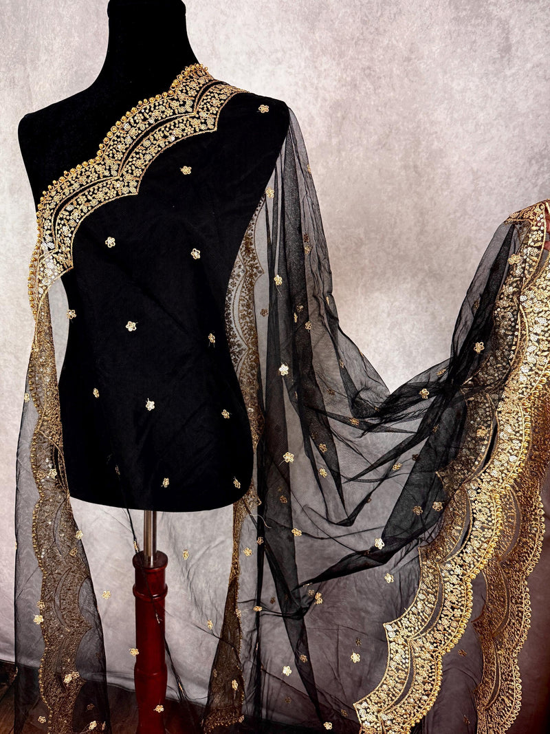 Black Color Net Dupatta with Zari, Sequin and Beads | Black Color Dupatta | Sequin Dupatta | Sequin Dupattas | Indian Dupatta for Lehangas