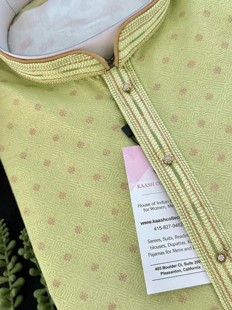 Pista Green Color Jute Silk Kurta Pajama Set for Men | Self Embroidery and Zari Work | Wedding Kurta for Men | Kurta for Mehndi ceremony