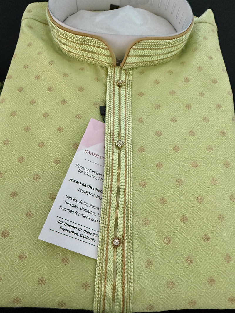 Pista Green Color Jute Silk Kurta Pajama Set for Men | Self Embroidery and Zari Work | Wedding Kurta for Men | Kurta for Mehndi ceremony