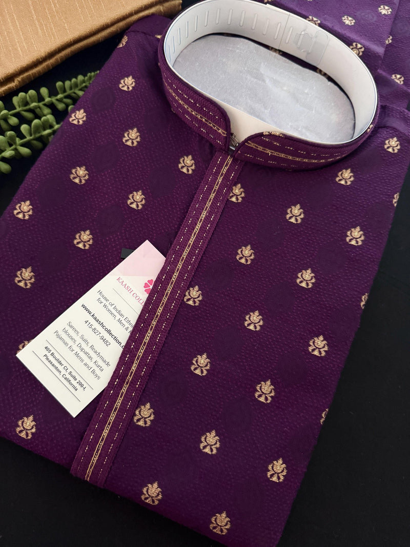 Eggplant Purple Color Men Kurta | Embossed Embroidery and Zari Butti | Sherwani Style Kurta | Indian Wedding Kurta