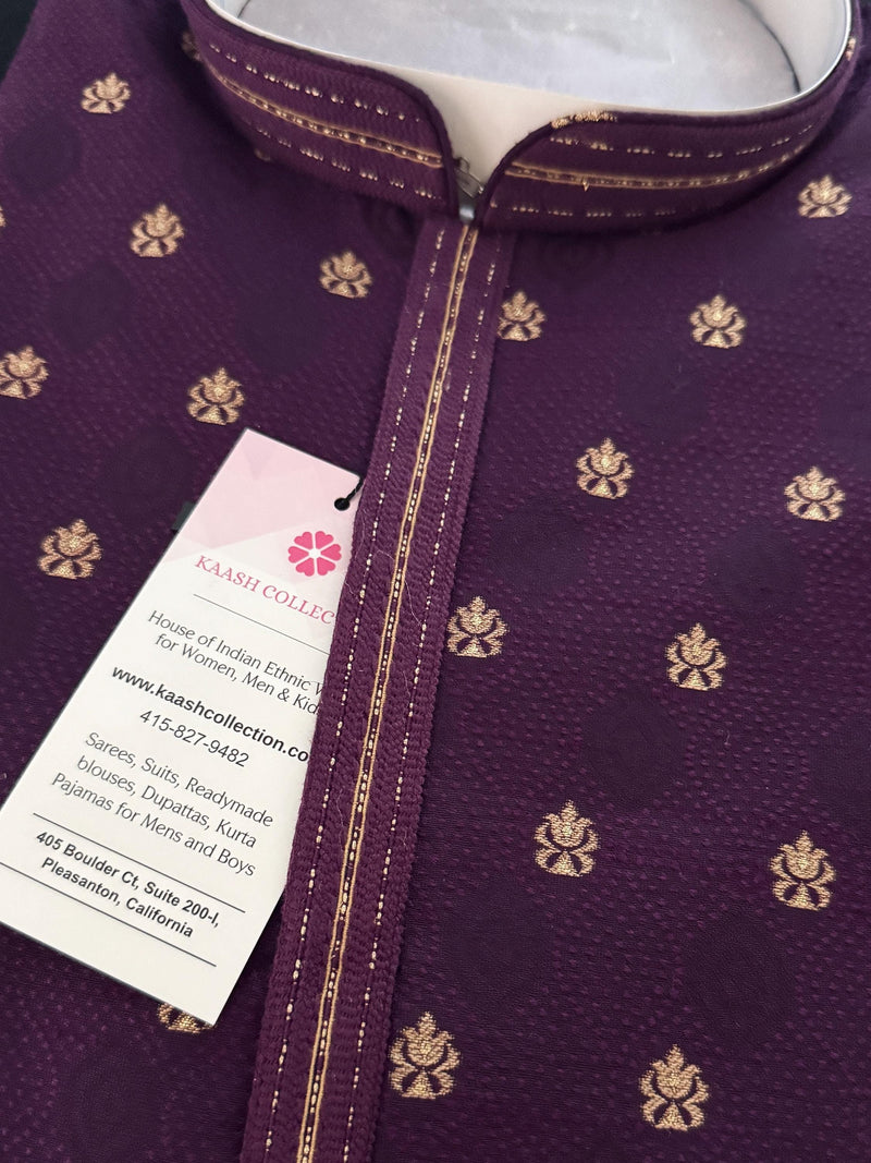 Eggplant Purple Color Men Kurta | Embossed Embroidery and Zari Butti | Sherwani Style Kurta | Indian Wedding Kurta