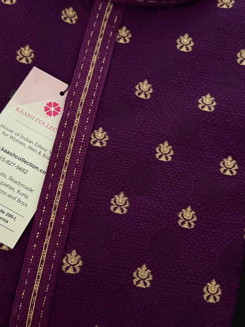 Eggplant Purple Color Men Kurta | Embossed Embroidery and Zari Butti | Sherwani Style Kurta | Indian Wedding Kurta