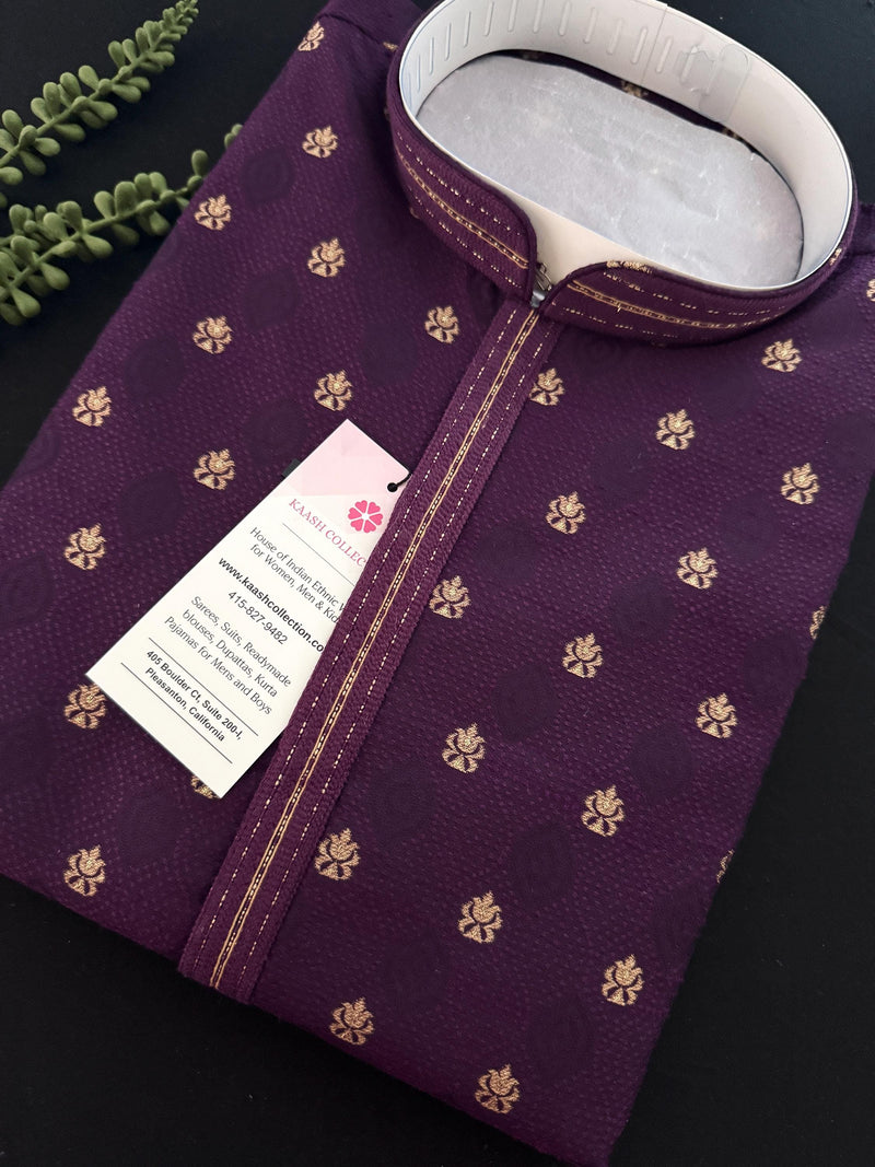 Eggplant Purple Color Men Kurta | Embossed Embroidery and Zari Butti | Sherwani Style Kurta | Indian Wedding Kurta