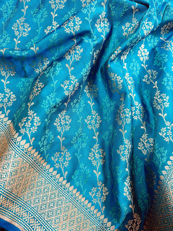 Bright Firozi Color Soft Mashru Silk handloom Saree with Tanchoi and Muted Gold Zari Weave  | Banarasi Mashru Silk Saree | Pink Color Saree