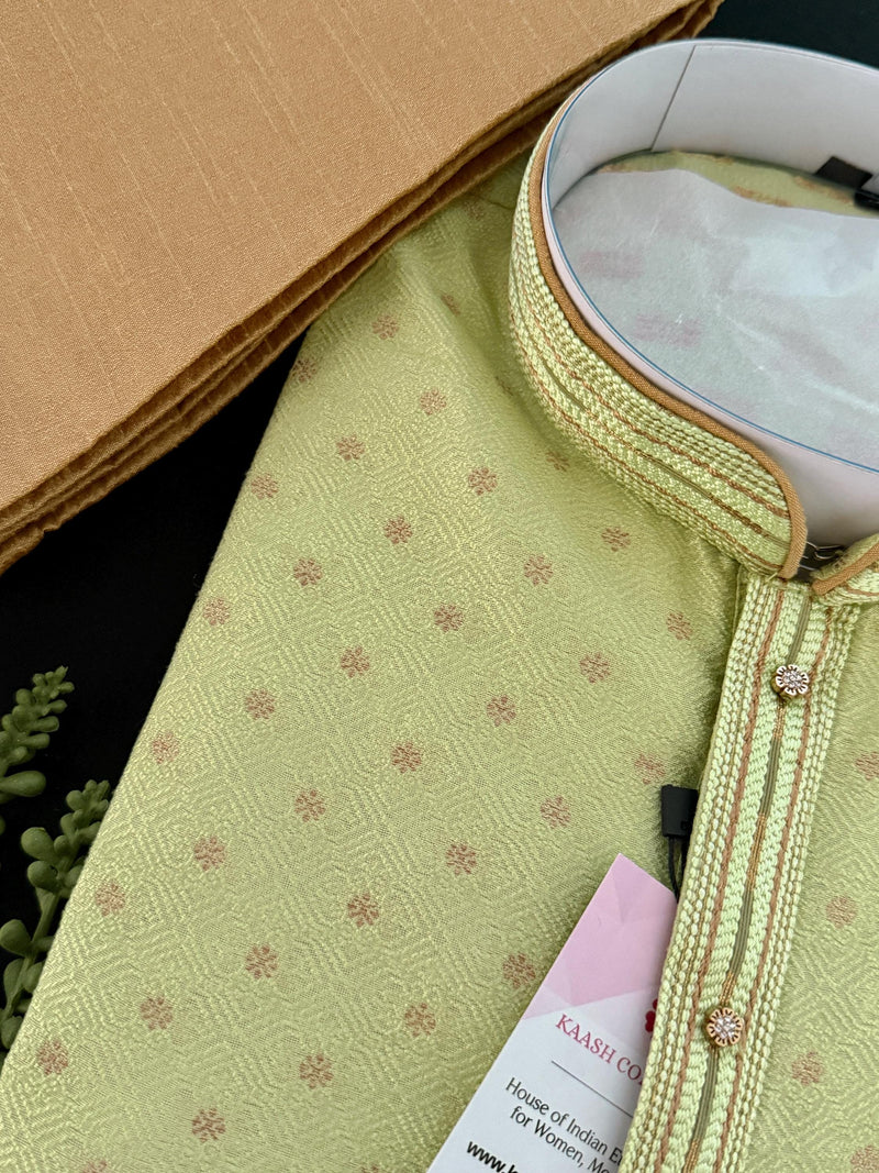 Pista Green Color Jute Silk Kurta Pajama Set for Men | Self Embroidery and Zari Work | Wedding Kurta for Men | Kurta for Mehndi ceremony