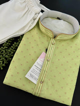 Pista Green Color Jute Silk Kurta Pajama Set for Men | Self Embroidery and Zari Work | Wedding Kurta for Men | Kurta for Mehndi ceremony