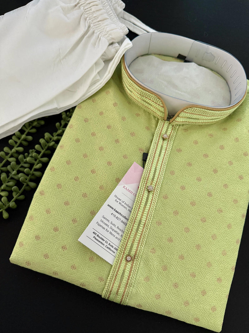 Pista Green Color Jute Silk Kurta Pajama Set for Men | Self Embroidery and Zari Work | Wedding Kurta for Men | Kurta for Mehndi ceremony