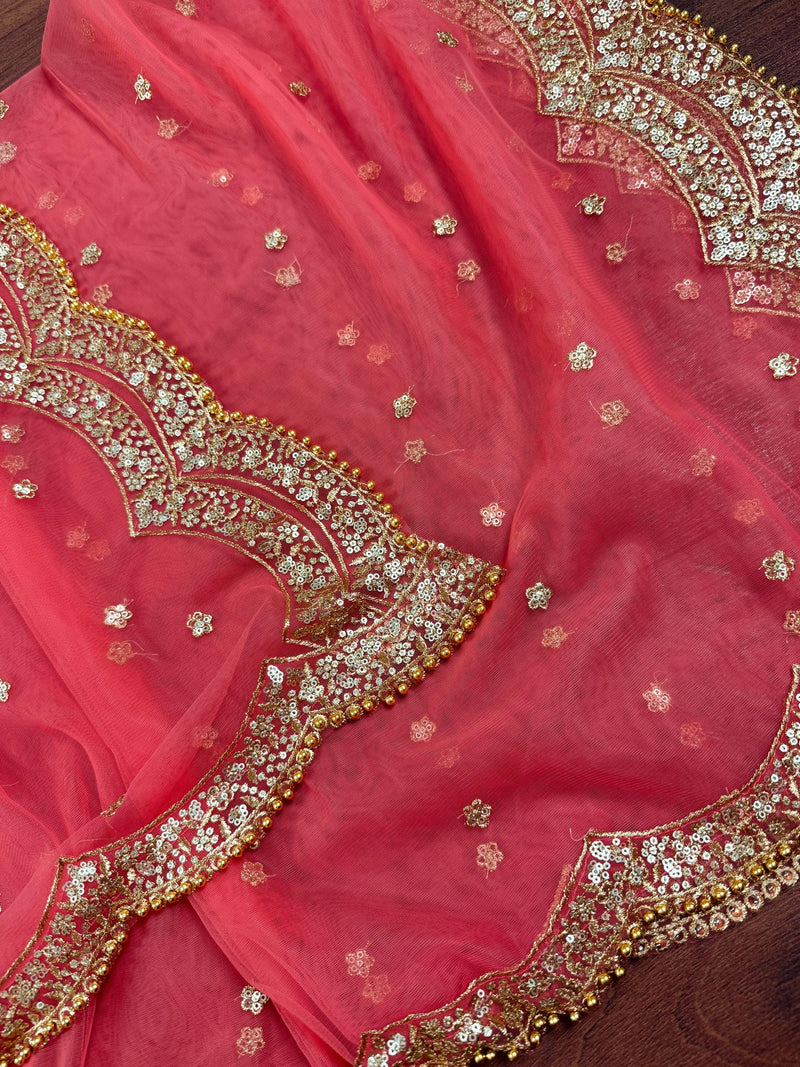 Coral Peach Color Net Dupatta with Gold Zari, Sequin and Beads | Peach Color Wedding Dupatta | Sequin Dupattas | Indian Dupatta for Lehanga
