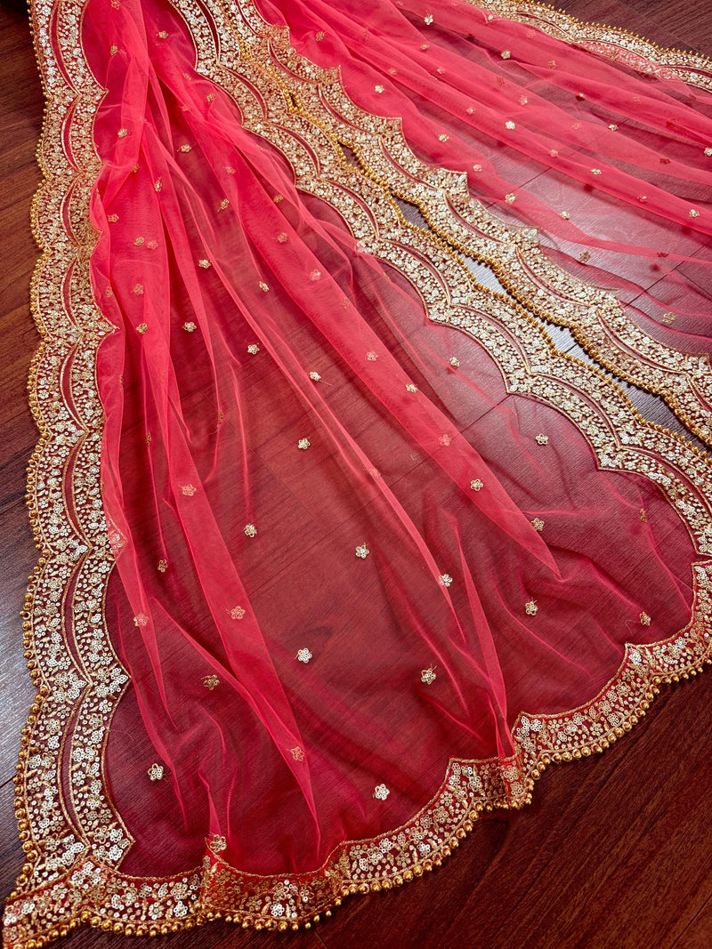 Coral Peach Color Net Dupatta with Gold Zari, Sequin and Beads | Peach Color Wedding Dupatta | Sequin Dupattas | Indian Dupatta for Lehanga
