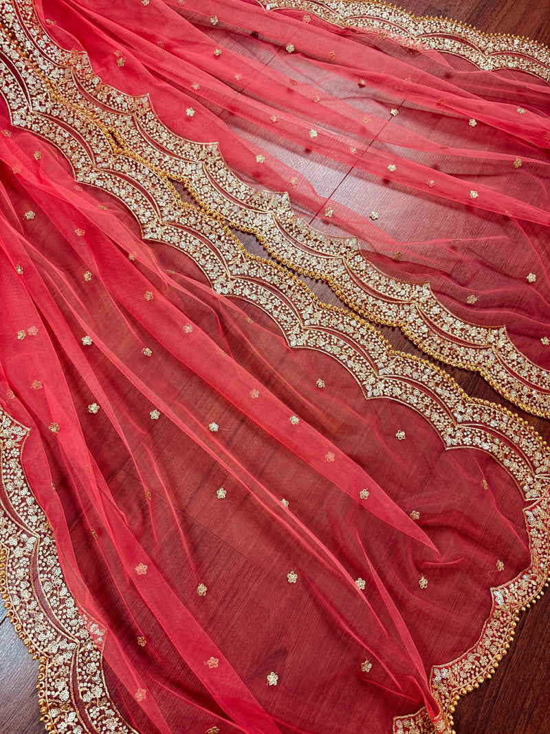 Coral Peach Color Net Dupatta with Gold Zari, Sequin and Beads | Peach Color Wedding Dupatta | Sequin Dupattas | Indian Dupatta for Lehanga