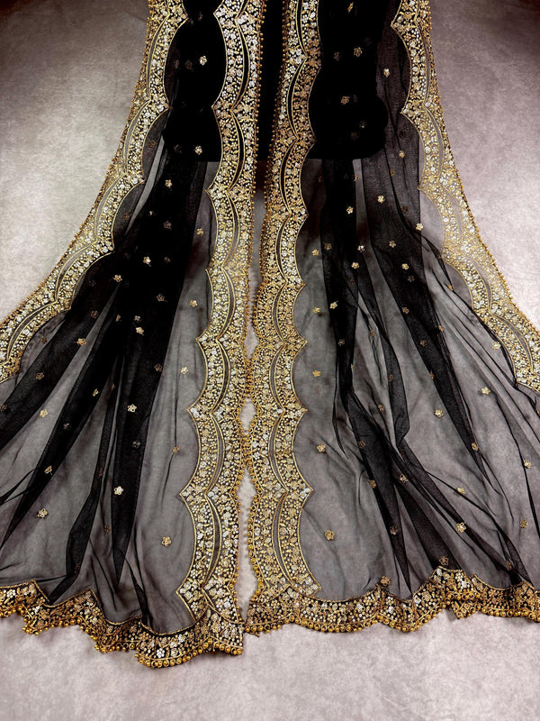 Black Color Net Dupatta with Gold Zari, Sequin and Beads | Black Color Dupatta | Sequin Wedding Dupatta | Indian Dupatta for Lehanga