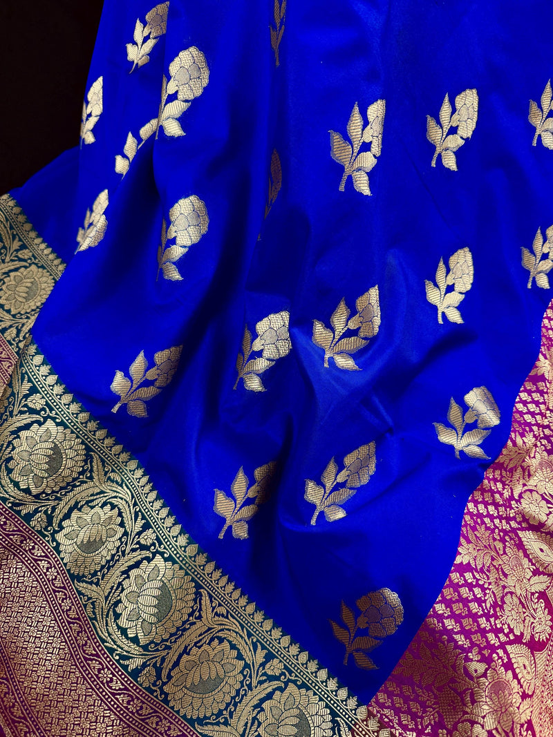 Royal Blue with Bottle Green and Dark Pink Color combination Traditional Handloom Banarasi Saree with Satin Border | Handwoven Sarees