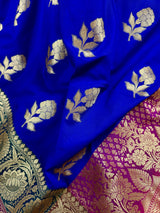 Royal Blue with Bottle Green and Dark Pink Color combination Traditional Handloom Banarasi Saree with Satin Border | Handwoven Sarees