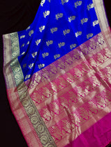 Royal Blue with Bottle Green and Dark Pink Color combination Traditional Handloom Banarasi Saree with Satin Border | Handwoven Sarees