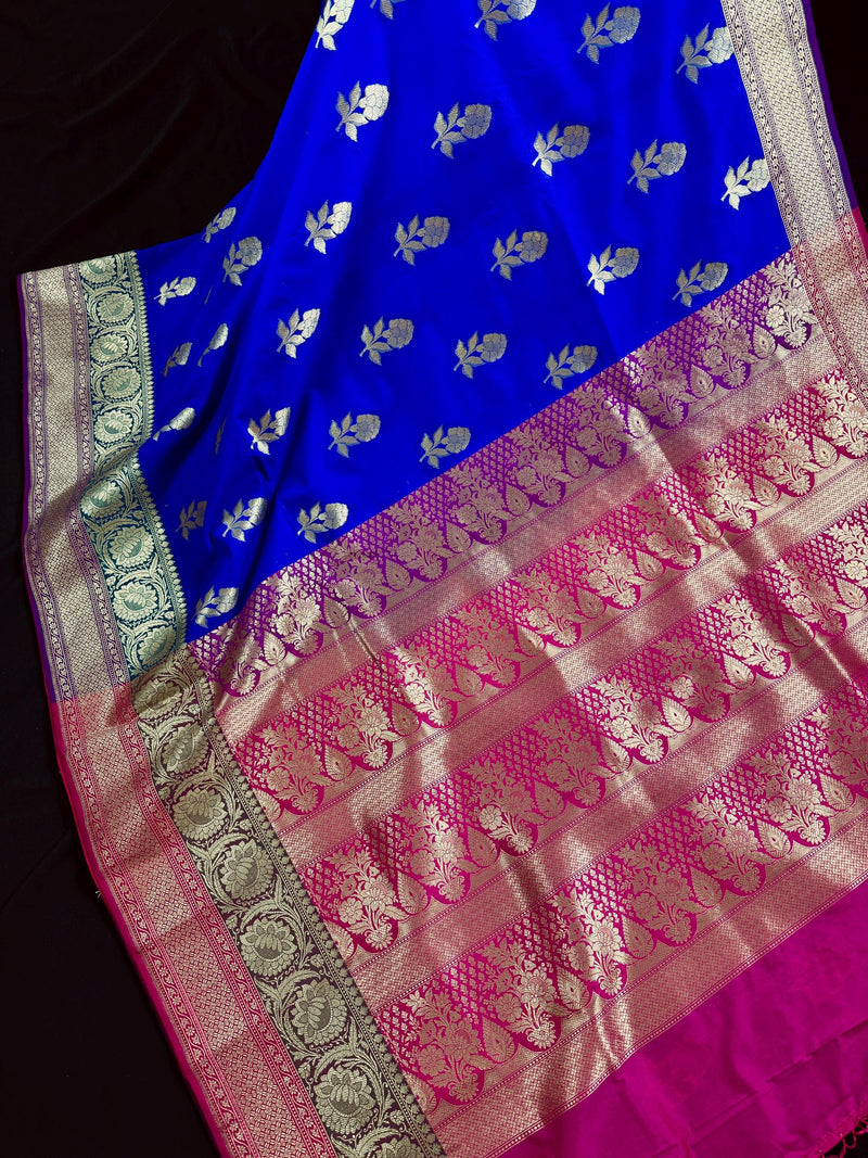 Royal Blue with Bottle Green and Dark Pink Color combination Traditional Handloom Banarasi Saree with Satin Border | Handwoven Sarees