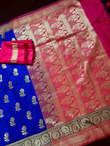 Royal Blue with Bottle Green and Dark Pink Color combination Traditional Handloom Banarasi Saree with Satin Border | Handwoven Sarees