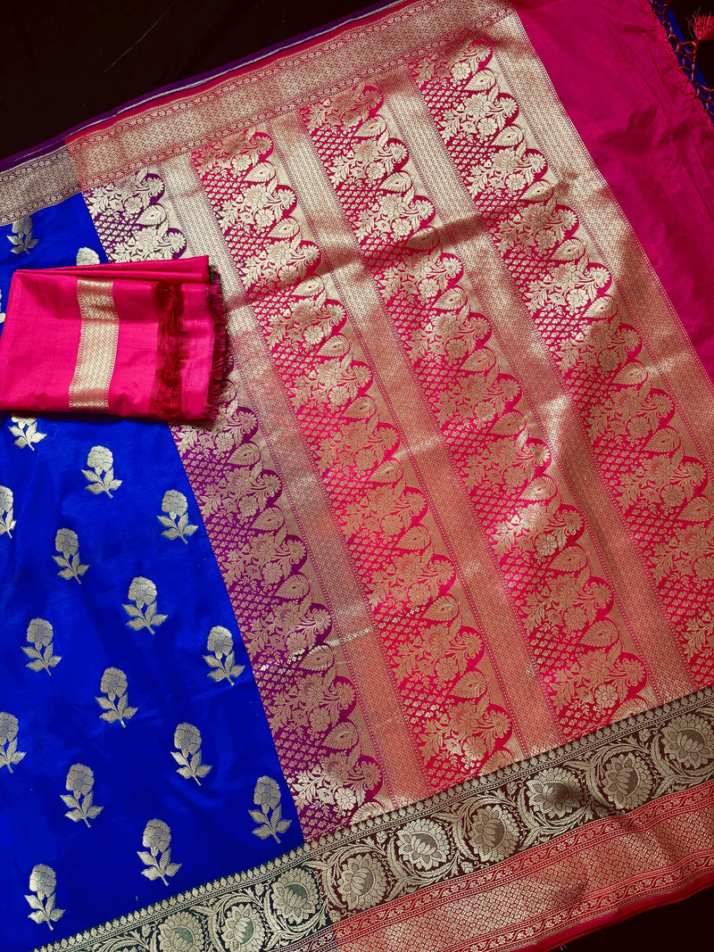 Royal Blue with Bottle Green and Dark Pink Color combination Traditional Handloom Banarasi Saree with Satin Border | Handwoven Sarees