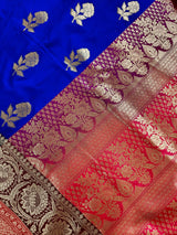 Royal Blue with Bottle Green and Dark Pink Color combination Traditional Handloom Banarasi Saree with Satin Border | Handwoven Sarees