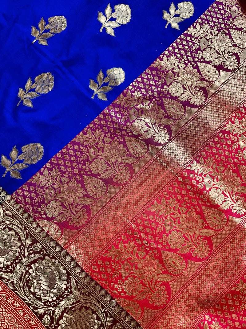 Royal Blue with Bottle Green and Dark Pink Color combination Traditional Handloom Banarasi Saree with Satin Border | Handwoven Sarees