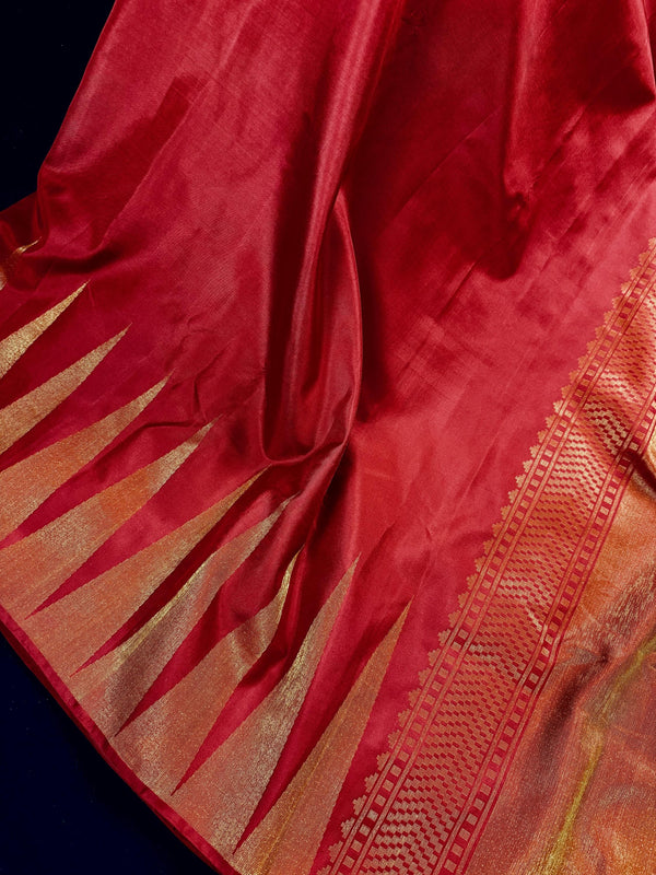 Ruby Red Pure Kanjivaram Silk Saree with Zari Temple Border | SILK MARK CERTIFIED