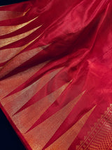 Ruby Red Pure Kanjivaram Silk Saree with Zari Temple Border | SILK MARK CERTIFIED