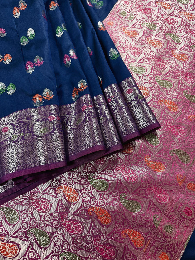Statement Blue Color Banarasi Semi Katan Silk Saree with Meenakari and Sliver Zari Weave